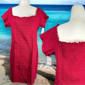 NWT Gap Off Shoulder Smocked Stretch Cotton Blend Bandage Mini Dress Hot Pink XL